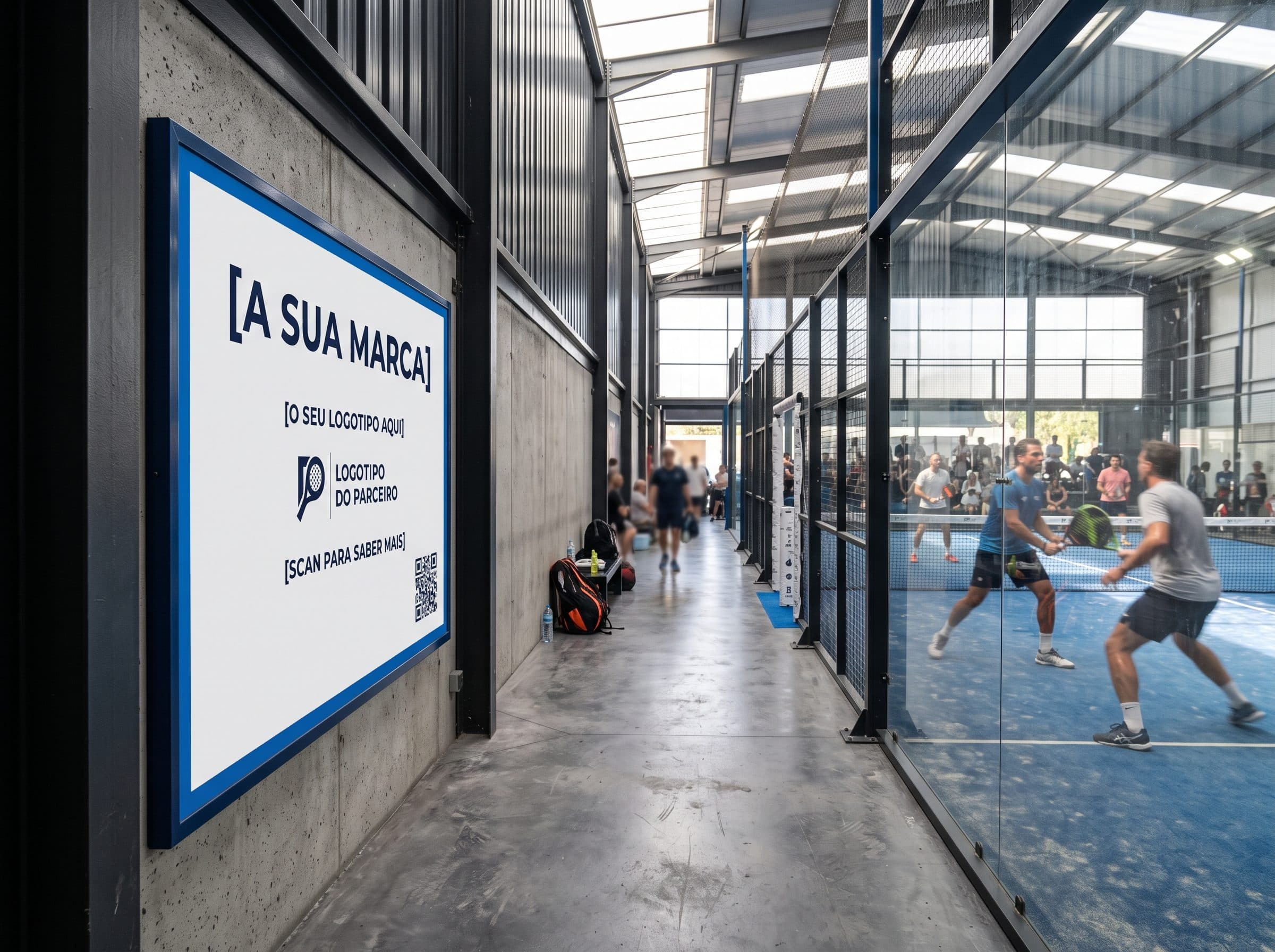 Painel de grande formato no corredor de um clube de padel, com área reservada ao logótipo do anunciante e um código QR, junto aos campos.